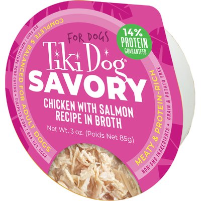 Tiki Dog Savory Chicken with Salmon Recipe in Broth Grain-Free Wet Dog Food, 3-oz cup, case of 4
