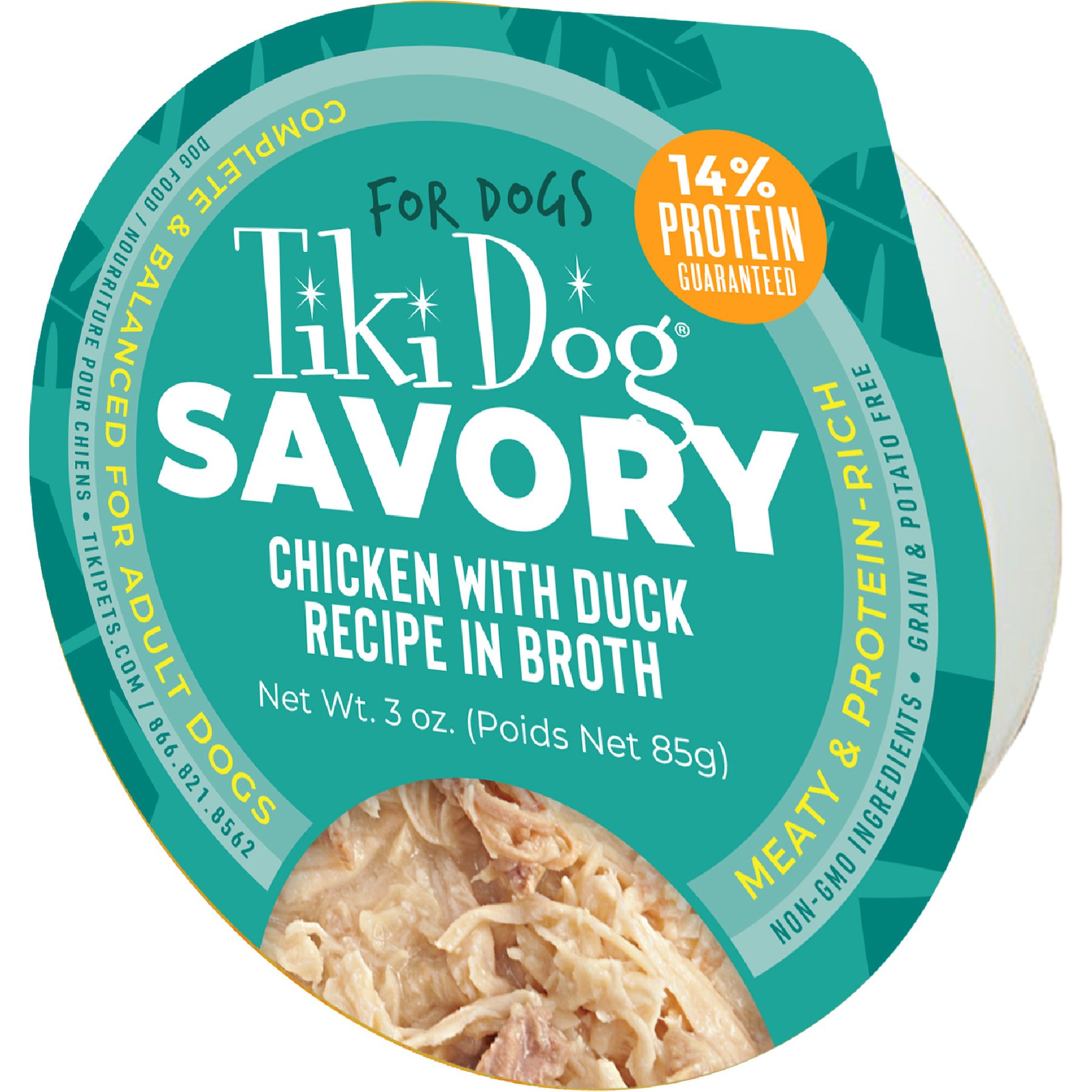 Tiki Dog Savory Chicken with Duck Recipe in Broth Grain-Free Wet Dog Food, 3-oz cup, case of 4