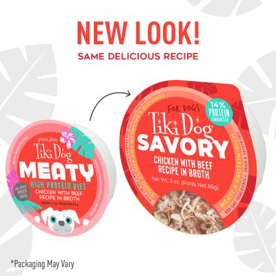 Show full view: Tiki Dog Savory Chicken with Beef Recipe in Broth Grain-Free Wet Dog Food, 3-oz cup, case of 4 slide 3 of 10