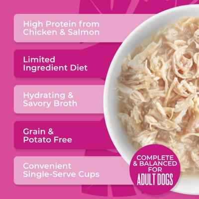 Show full view: Tiki Dog Savory Chicken with Salmon Recipe in Broth Grain-Free Wet Dog Food, 3-oz cup, case of 4 slide 6 of 10