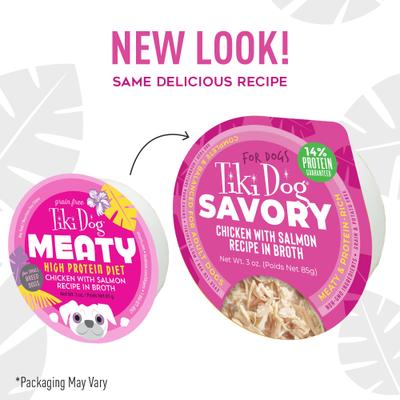 Show full view: Tiki Dog Savory Chicken with Salmon Recipe in Broth Grain-Free Wet Dog Food, 3-oz cup, case of 4 slide 3 of 10