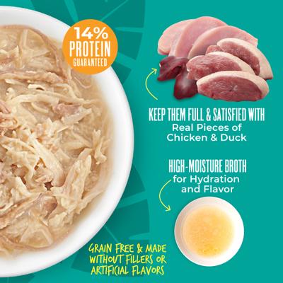 Show full view: Tiki Dog Savory Chicken with Duck Recipe in Broth Grain-Free Wet Dog Food, 3-oz cup, case of 4 slide 7 of 10