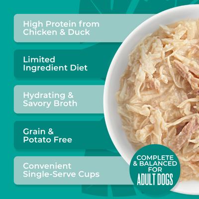 Show full view: Tiki Dog Savory Chicken with Duck Recipe in Broth Grain-Free Wet Dog Food, 3-oz cup, case of 4 slide 6 of 10