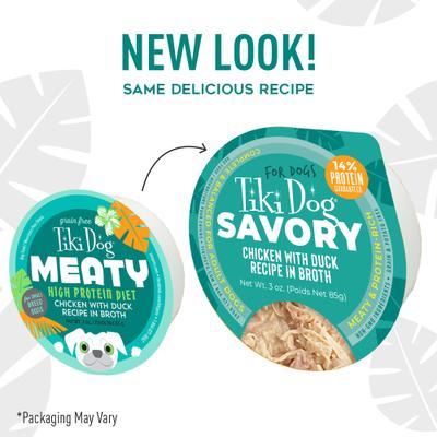 Show full view: Tiki Dog Savory Chicken with Duck Recipe in Broth Grain-Free Wet Dog Food, 3-oz cup, case of 4 slide 3 of 10