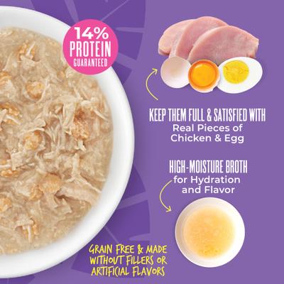 Show full view: Tiki Dog Savory Chicken with Egg Recipe in Broth Grain-Free Wet Dog Food, 3-oz cup, case of 4 slide 7 of 10