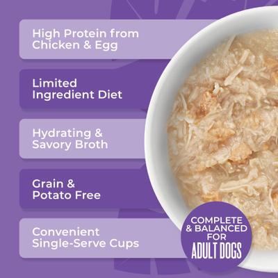 Show full view: Tiki Dog Savory Chicken with Egg Recipe in Broth Grain-Free Wet Dog Food, 3-oz cup, case of 4 slide 6 of 10