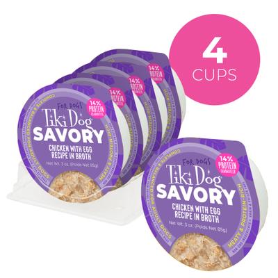 Show full view: Tiki Dog Savory Chicken with Egg Recipe in Broth Grain-Free Wet Dog Food, 3-oz cup, case of 4 slide 4 of 10