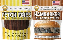 American Pet Food Fetch Fries & Hambarker Combo Beef & Sweet Potato Burger Patties & Chicken & Sweet Potato Jerky Sticks Dog Treats, 10-oz bag