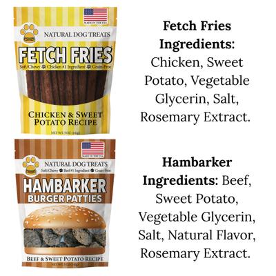 Show full view: American Pet Food Fetch Fries & Hambarker Combo Beef & Sweet Potato Burger Patties & Chicken & Sweet Potato Jerky Sticks Dog Treats, 10-oz bag slide 3 of 6