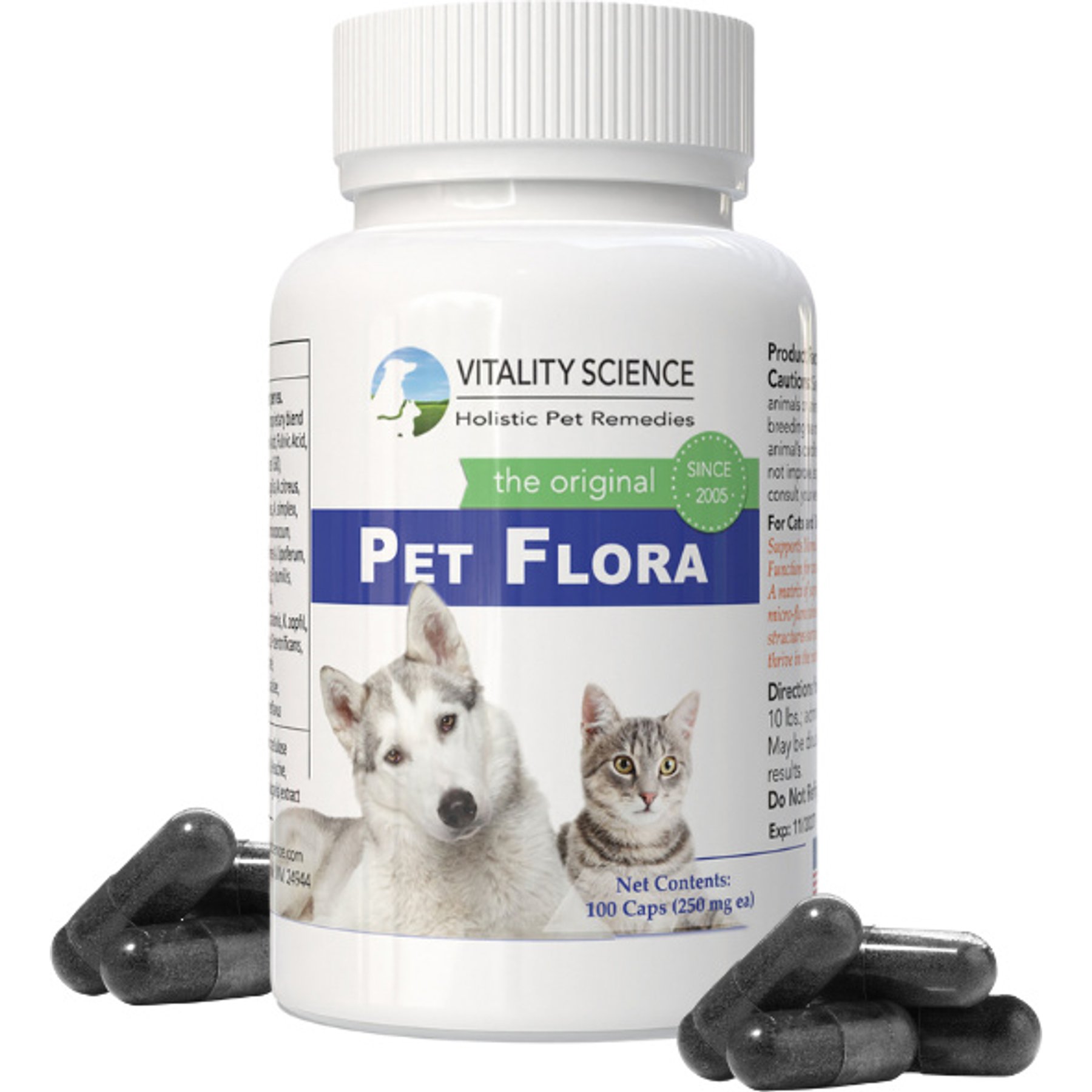 Vitality Science Pet Flora Probiotic Supplement for Dogs & Cats, 100 Capsules