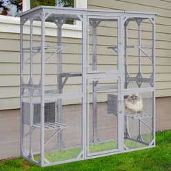 MeWang Catio Outdoor Wooden 72-in Cat Enclosure with Roof, 3 Jumping Platforms & Napping House, Grey, Large