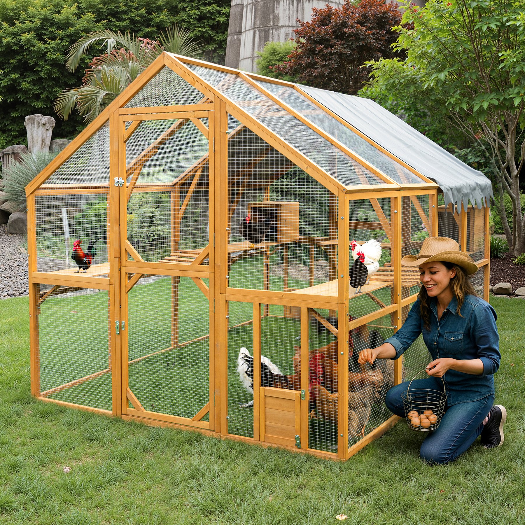 MeWang Outdoor 110-in Cat House Enclosure with Platform & Upgraded Waterproof Cover, Yellow, Large