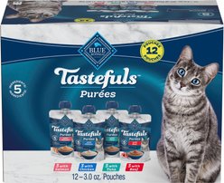 Blue Buffalo Tastefuls Purées Chicken, Tuna & Beef Cat Food Complement, 3-oz pouch, 12 count