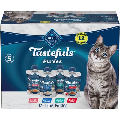 Blue Buffalo Blue Buffalo Tastefuls Purées Chicken, Tuna, Salmon & Beef Cat Food Complement, 3-oz pouch, 12 count