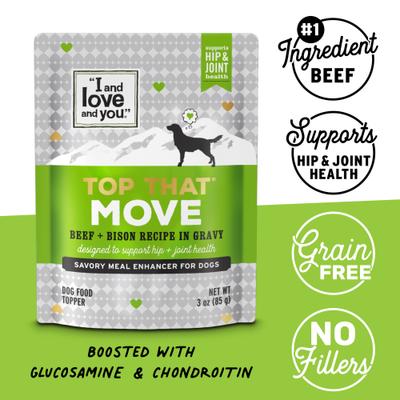 Show full view: I and Love and You Top That Move Beef with Bison Recipe in Gravy Wet Dog Food Topper, 3-oz pouch, case of 12 slide 4 of 7