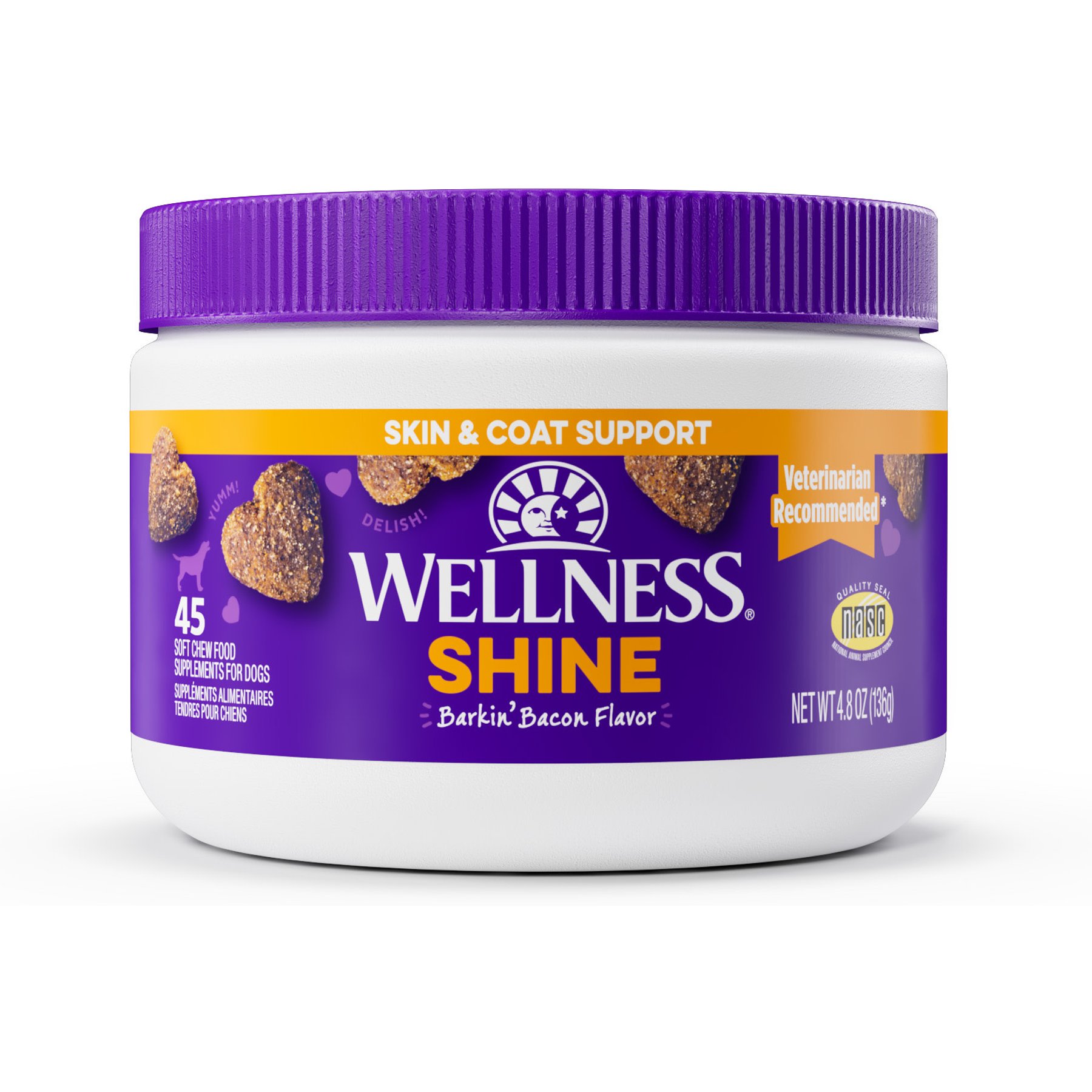 Wellness Shine Skin & Coat Bacon Flavor Chew Supplements for Dogs, 45 count