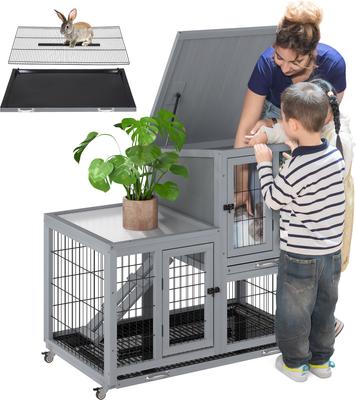 Show full view: Coziwow 2-Tier Wooden Rabbit Hutch Small Animal Cage with Wheels, Gray slide 6 of 11