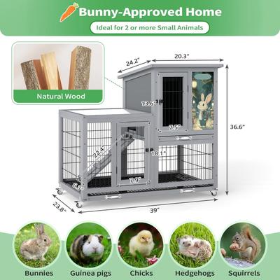 Show full view: Coziwow 2-Tier Wooden Rabbit Hutch Small Animal Cage with Wheels, Gray slide 2 of 11