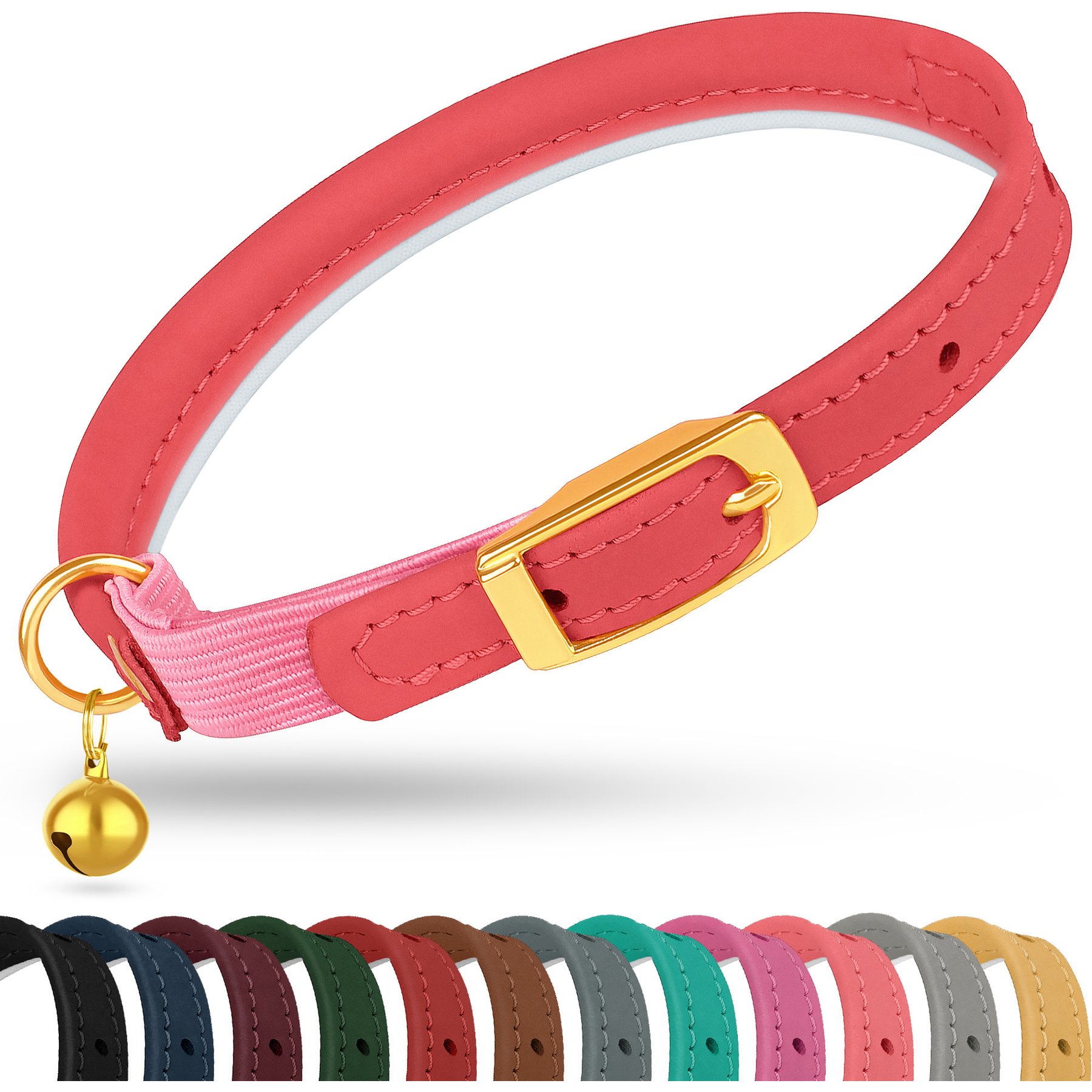 OOPSDOGGY Rolled Leather Reflective Cat Collar with Bell & Safety Elastic Strap, Pink, 8 to 11-in neck, 3/8-in wide
