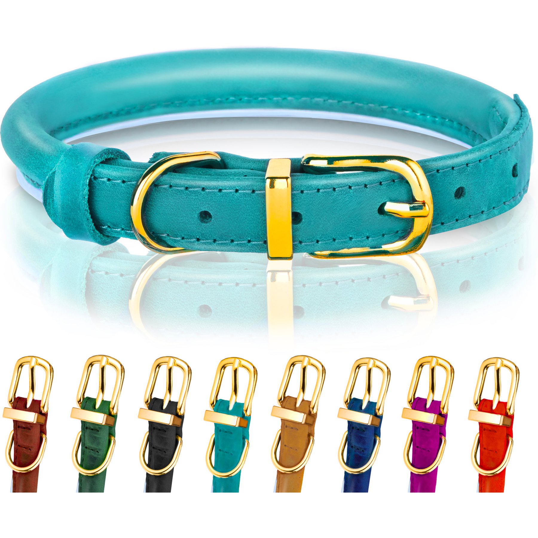 OOPSDOGGY Soft Padded Rolled Leather Reflective Dog Collar, Teal, Small: 10 to 13-in neck, 3/5-in wide