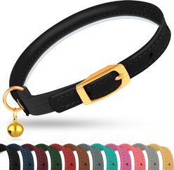 OOPSDOGGY Rolled Leather Reflective Cat Collar with Bell & Safety Elastic Strap, Black, 8 to 11-in neck, 3/8-in wide