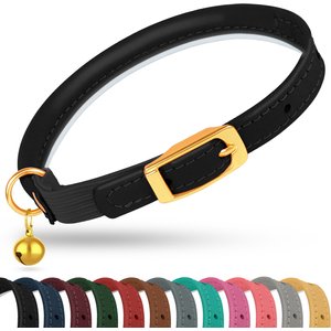 OOPSDOGGY Rolled Leather Reflective Cat Collar with Bell & Safety Elastic Strap, Black, 8 to 11-in neck, 3/8-in wide