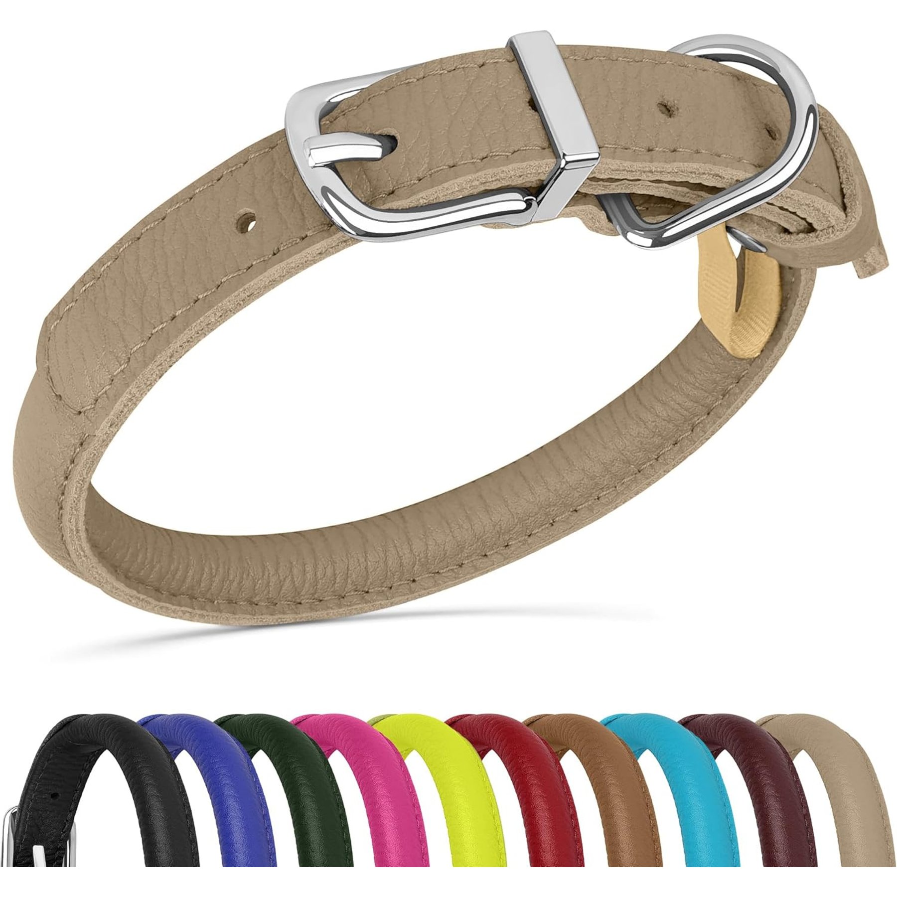 OOPSDOGGY Soft Rolled Leather Dog Collar, Beige, X-Large: 17 to 21-in neck, 3/4-in wide