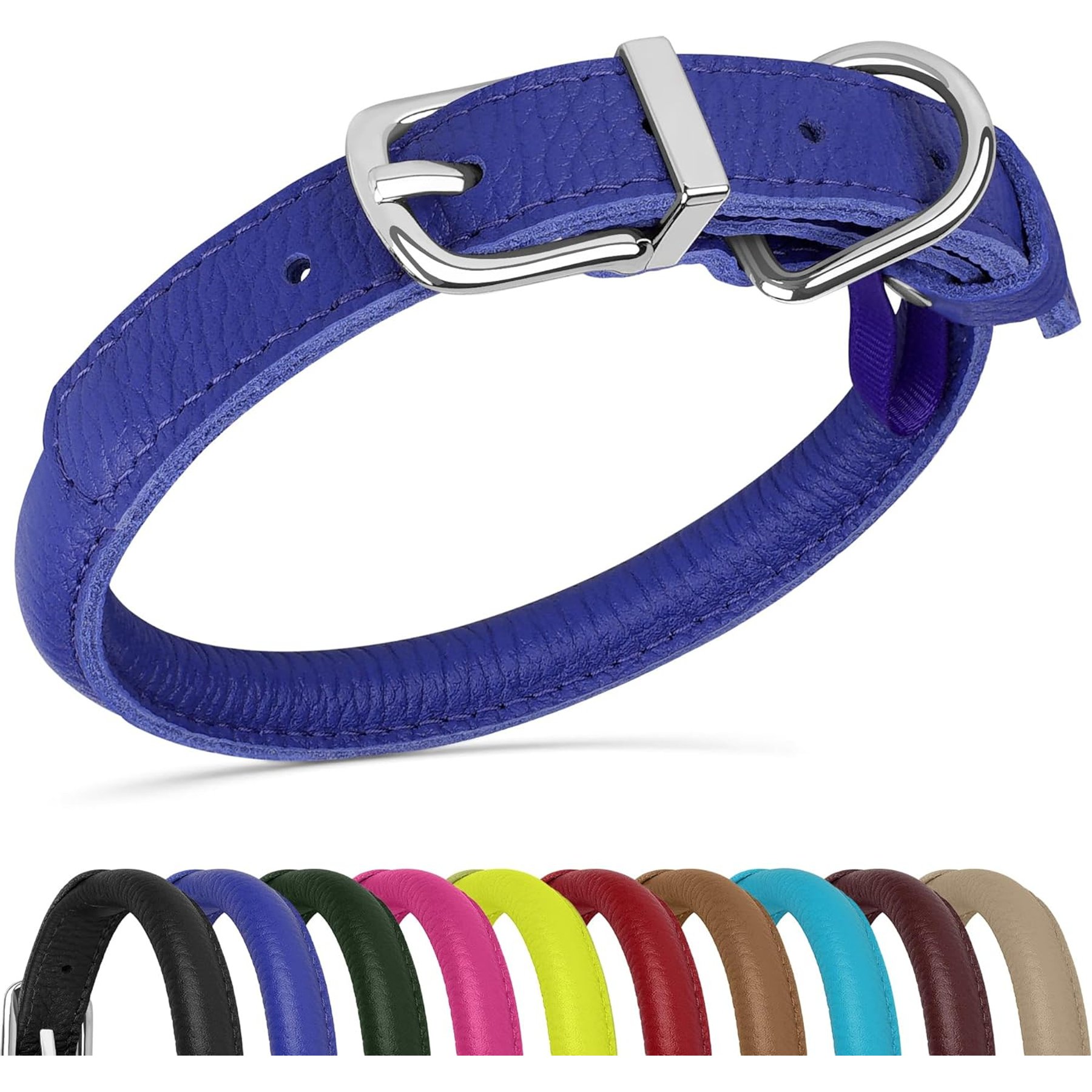 OOPSDOGGY Soft Rolled Leather Dog Collar, Navy Blue, Large: 14 to 18-in neck, 9/16-in wide