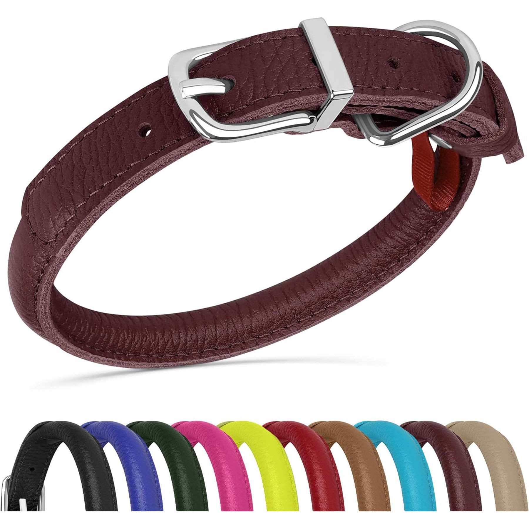 OOPSDOGGY Soft Rolled Leather Dog Collar, Burgundy, Small: 10 to 13-in neck, 9/16-in wide