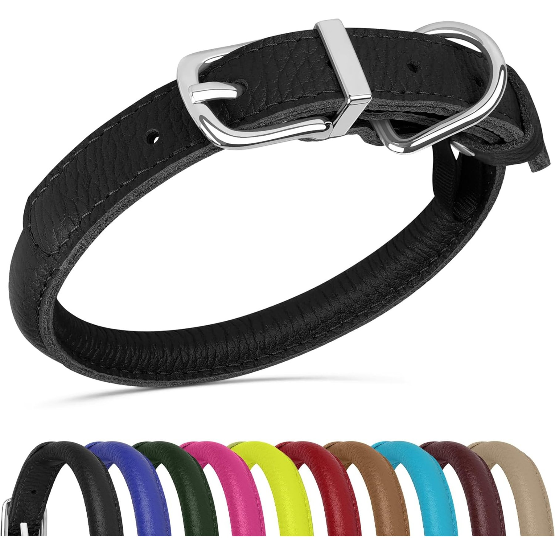 OOPSDOGGY Soft Rolled Leather Dog Collar, Black, XX-Small: 7 to 9-in neck, 3/8-in wide