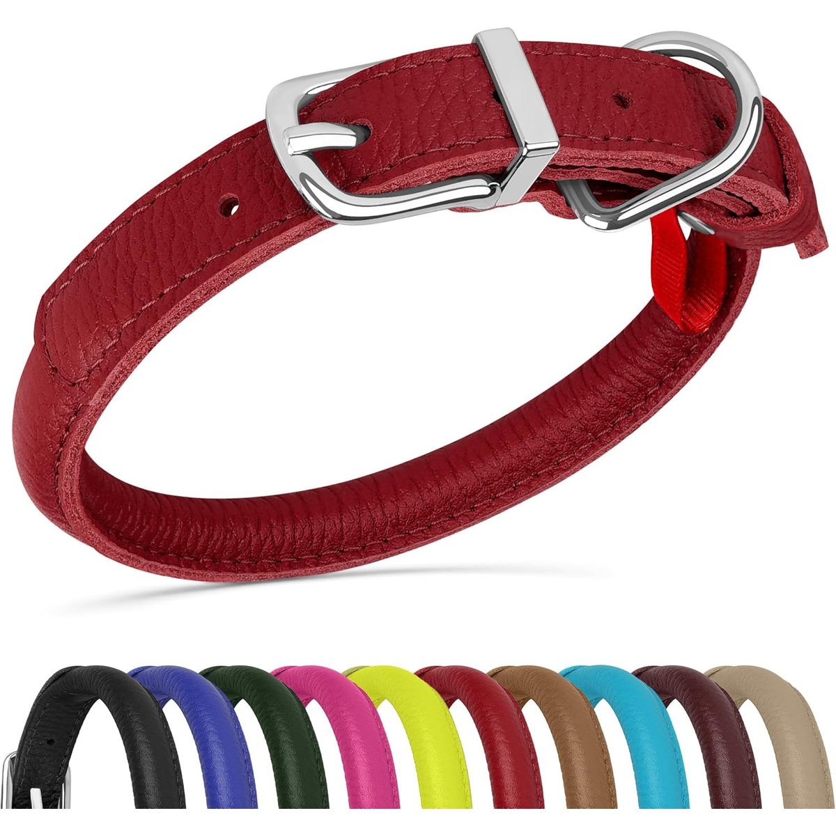 OOPSDOGGY Soft Rolled Leather Dog Collar, Red, XX-Small: 7 to 9-in neck, 3/8-in wide