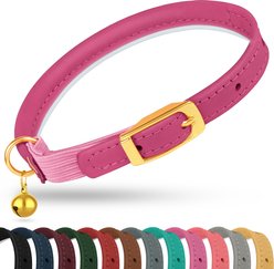OOPSDOGGY Rolled Leather Reflective Cat Collar with Bell & Safety Elastic Strap, Fuchsia, 8 to 11-in neck, 3/8-in wide