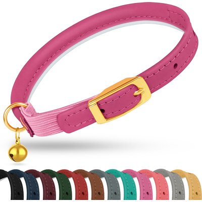 OOPSDOGGY OOPSDOGGY Rolled Leather Reflective Cat Collar with Bell & Safety Elastic Strap, Fuchsia, 8 to 11-in neck, 3/8-in wide