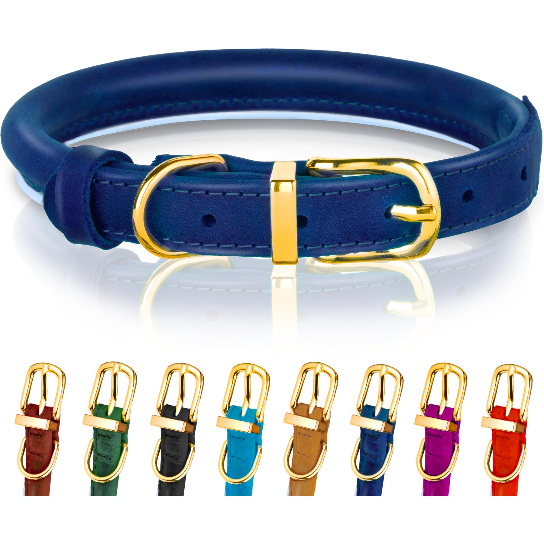 OOPSDOGGY Soft Padded Rolled Leather Reflective Dog Collar, Blue, XX-Small: 7 to 9-in neck, 2/5-in wide