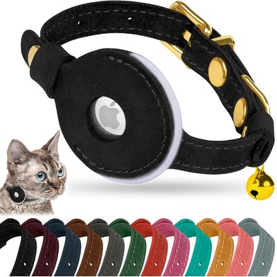 OOPSDOGGY OOPSDOGGY Non Breakaway Lightweight GPS Reflective Leather Apple AirTag Cat Collar with Bell, Black, 8 to 11-in neck, 1/2-in wide