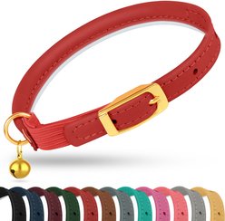 OOPSDOGGY Rolled Leather Reflective Cat Collar with Bell & Safety Elastic Strap, Red, 8 to 11-in neck, 3/8-in wide