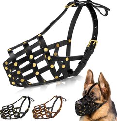 OOPSDOGGY Breathable Secure Basket Leather German Shepherd Dog Muzzle, Black, Medium