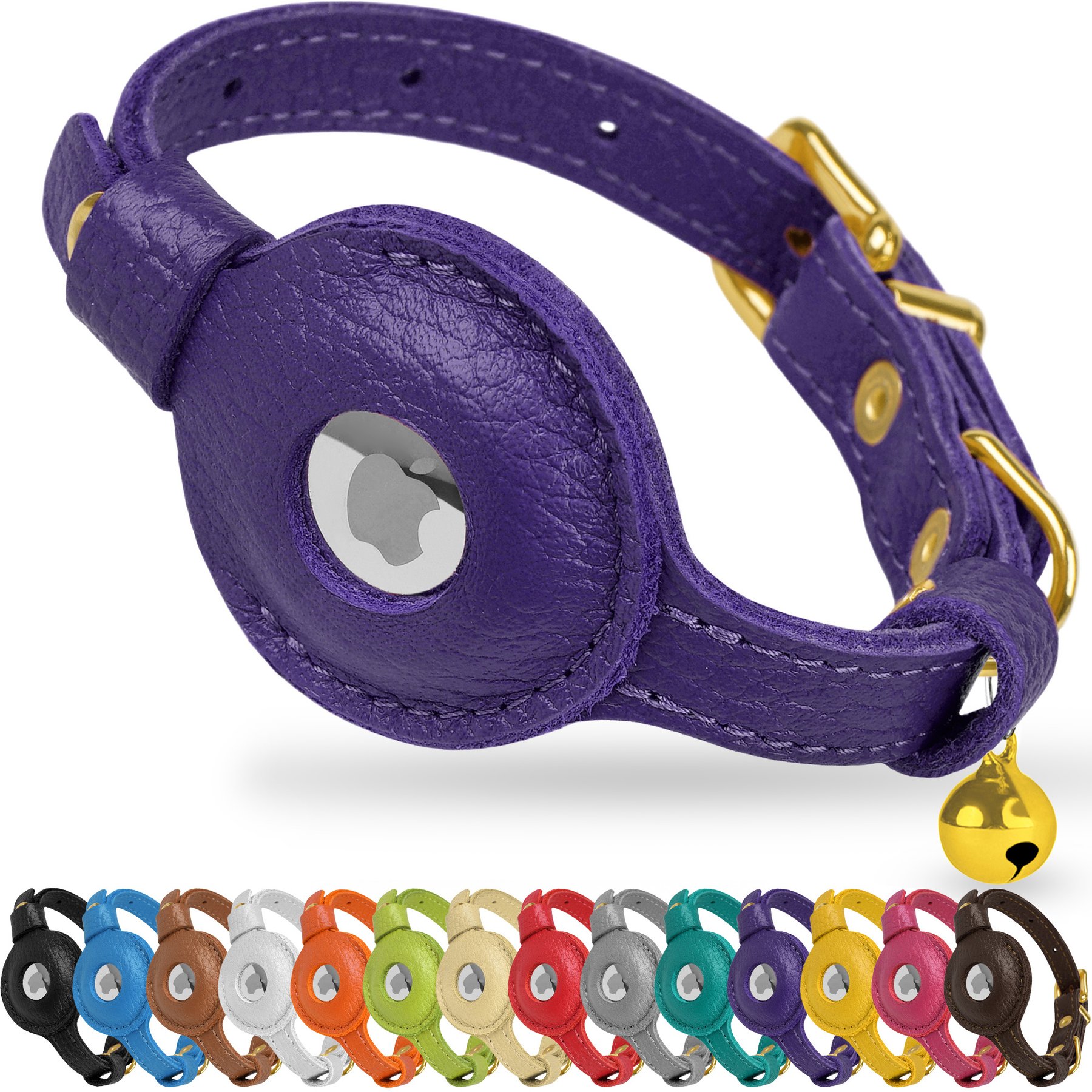 OOPSDOGGY Lightweight GPS Leather Apple Air Tag Holder Cat Collar with Bell, Purple, 8 to 11-in neck, 1/2-in wide