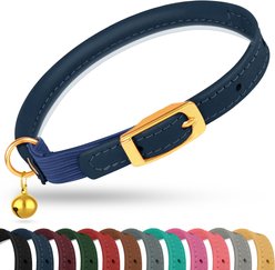 OOPSDOGGY Rolled Leather Reflective Cat Collar with Bell & Safety Elastic Strap, Blue, 8 to 11-in neck, 3/8-in wide