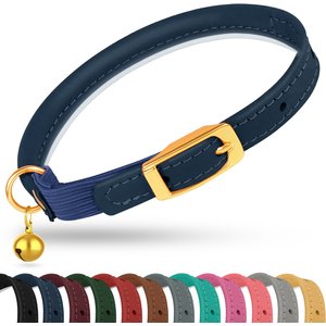 OOPSDOGGY Rolled Leather Reflective Cat Collar with Bell & Safety Elastic Strap, Blue, 8 to 11-in neck, 3/8-in wide