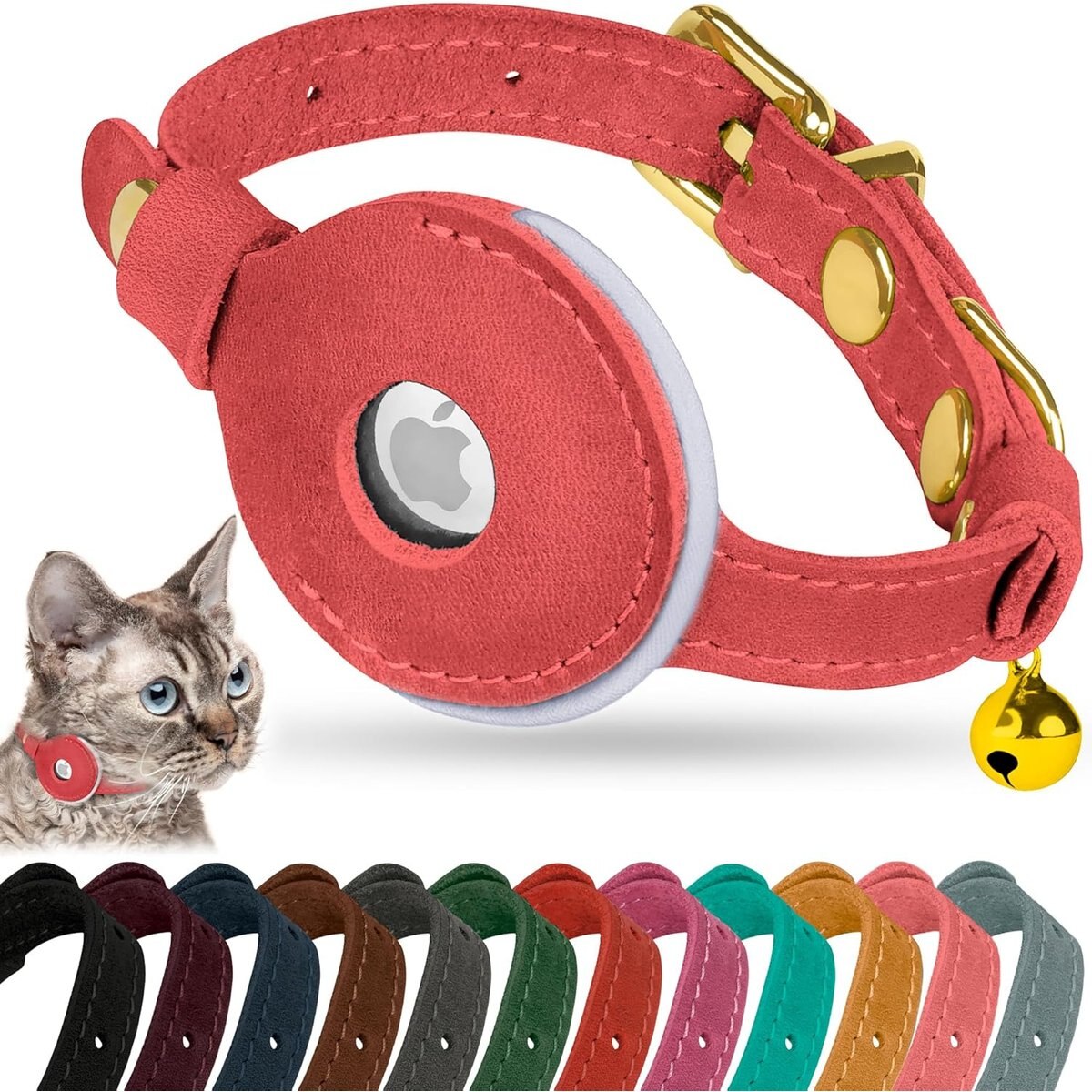 OOPSDOGGY Non Breakaway Lightweight GPS Reflective Leather Apple AirTag Cat Collar with Bell, Pink, 8 to 11-in neck, 1/2-in wide