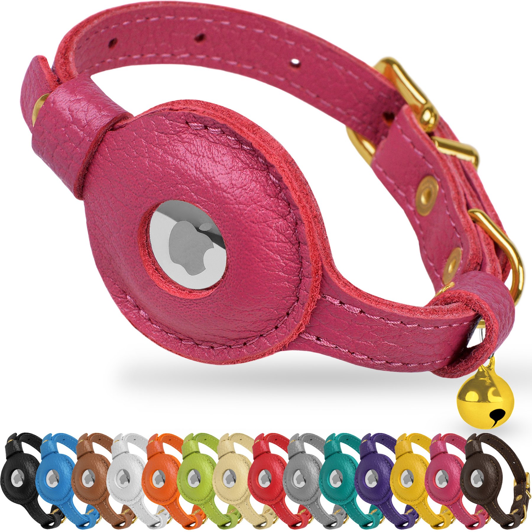 OOPSDOGGY Lightweight GPS Leather Apple Air Tag Holder Cat Collar with Bell, Pink, 8 to 11-in neck, 1/2-in wide