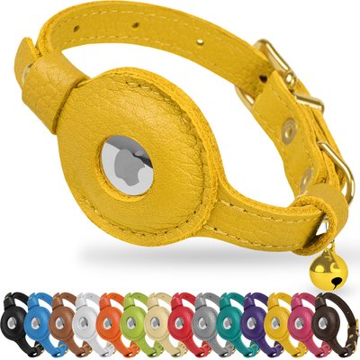 OOPSDOGGY OOPSDOGGY Lightweight GPS Leather Apple Air Tag Holder Cat Collar with Bell, Yellow, 8 to 11-in neck, 1/2-in wide