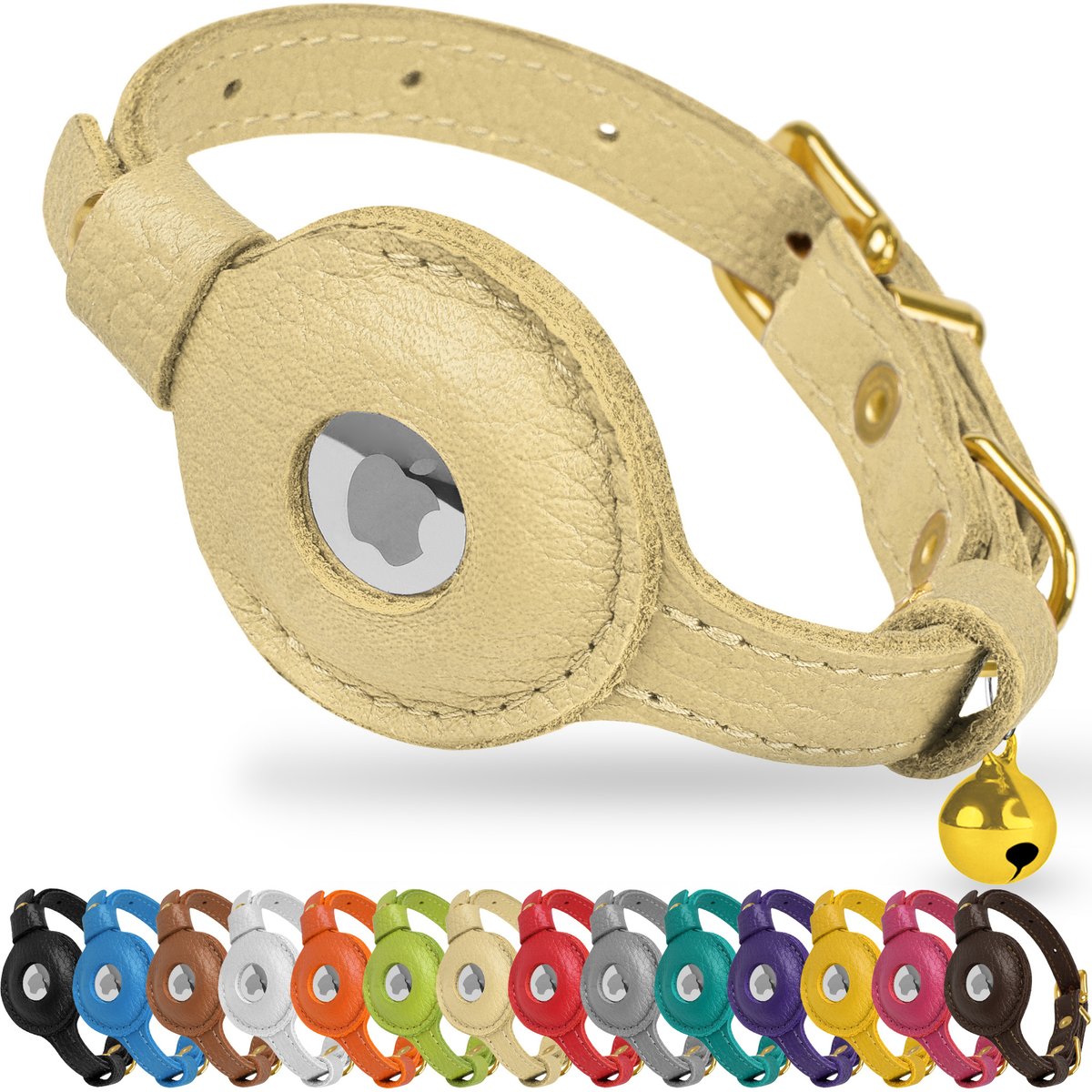 OOPSDOGGY Lightweight GPS Leather Apple Air Tag Holder Cat Collar with Bell, Beige, 8 to 11-in neck, 1/2-in wide