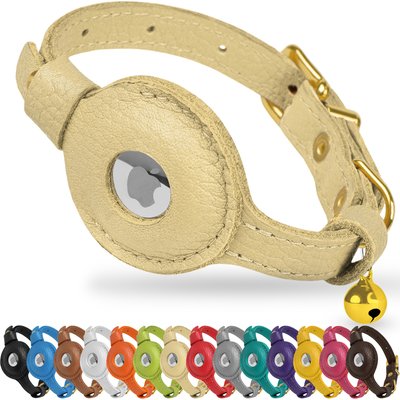 OOPSDOGGY OOPSDOGGY Lightweight GPS Leather Apple Air Tag Holder Cat Collar with Bell, Beige, 8 to 11-in neck, 1/2-in wide