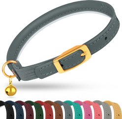 OOPSDOGGY Rolled Leather Reflective Cat Collar with Bell & Safety Elastic Strap, Denim, 8 to 11-in neck, 3/8-in wide