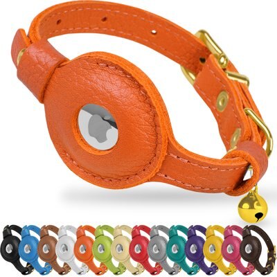 OOPSDOGGY OOPSDOGGY Lightweight GPS Leather Apple Air Tag Holder Cat Collar with Bell, Orange, 8 to 11-in neck, 1/2-in wide