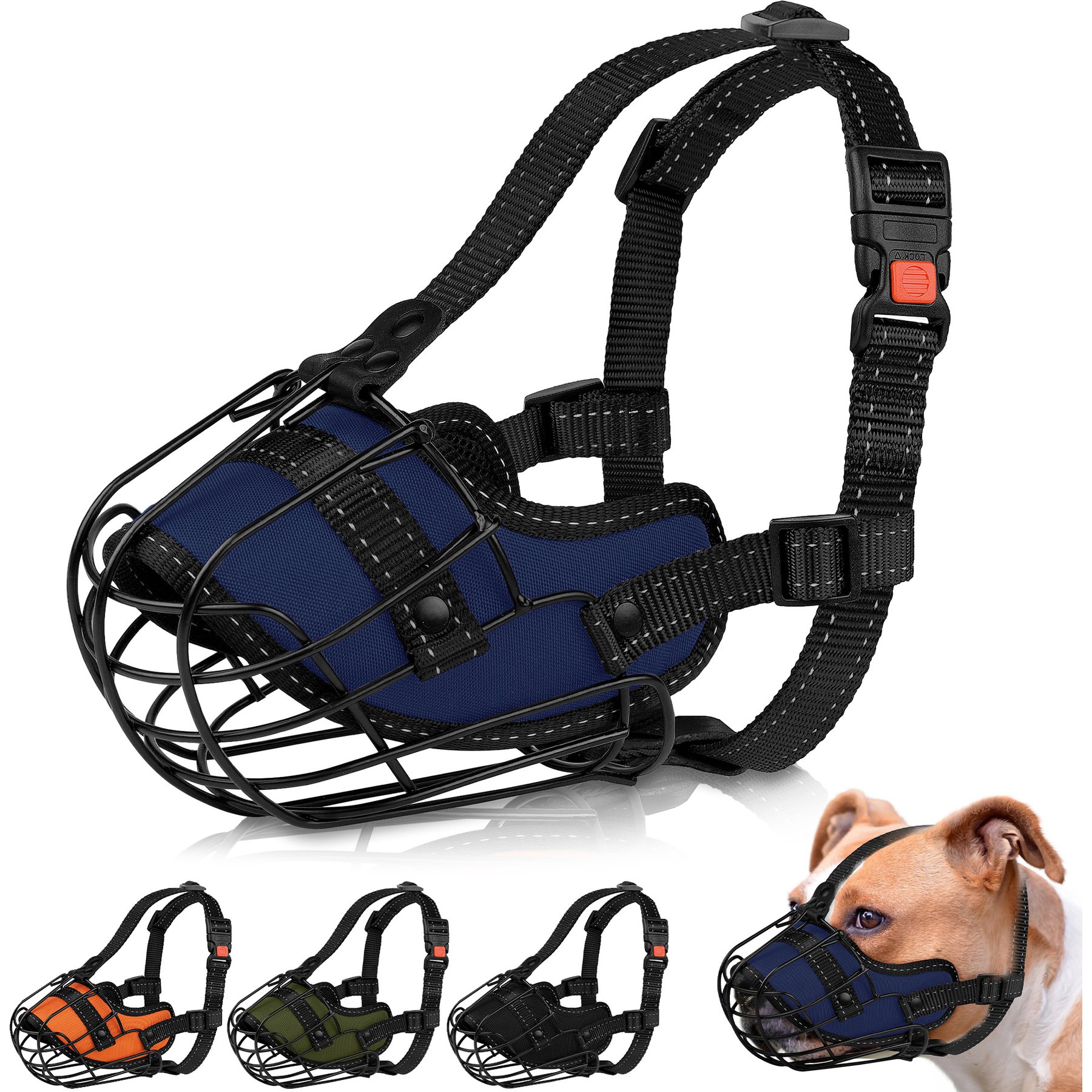OOPSDOGGY Adjustable Nylon Metal Reflective Mask Secure Wire Basket Pitbull Dog Amstaff Soft Cage Muzzle, Blue