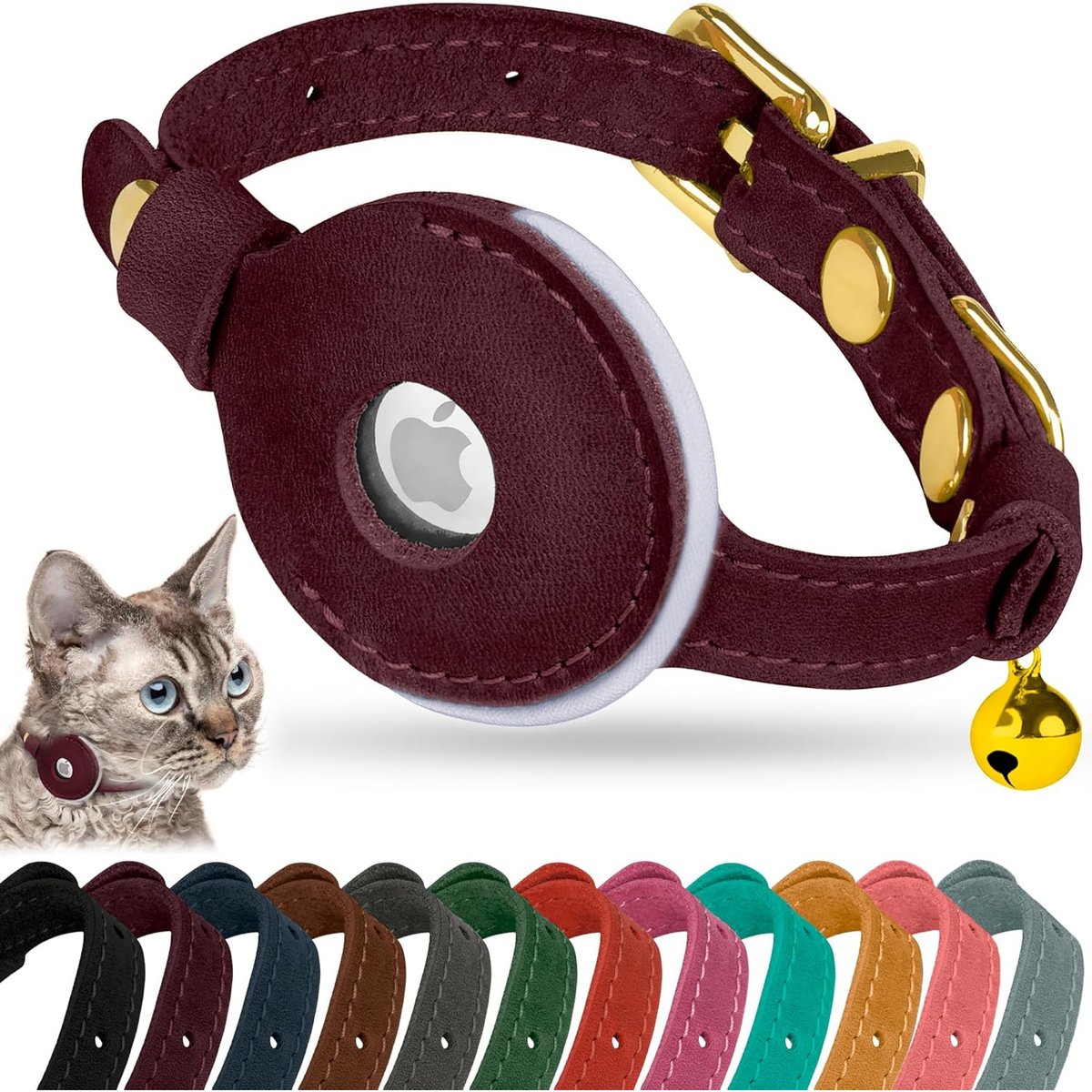 OOPSDOGGY Non Breakaway Lightweight GPS Reflective Leather Apple AirTag Cat Collar with Bell, Burgundy, 8 to 11-in neck, 1/2-in wide