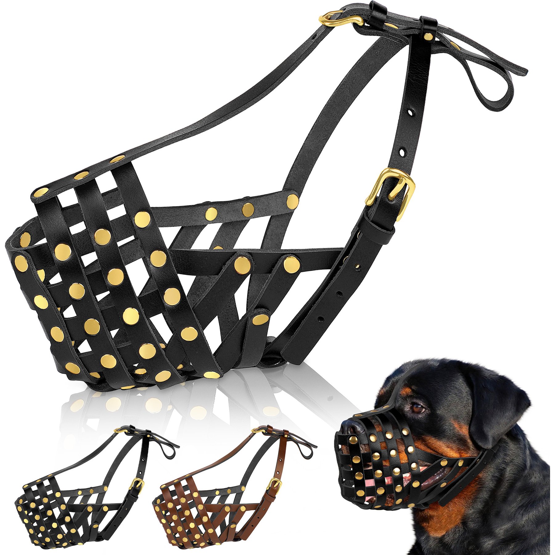 OOPSDOGGY Breathable Secure Basket Leather Rottweiler Dog Muzzle, Black